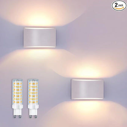 KICAAO Modern LED Wall Sconce,Warm White 3000K,Hardwired Indoor Wall Lights Set of 2 Up and Down Wall Mount Light for Living Room Bedroom Hallway Corridor Conservatory(with G9 Bulbs) (White)
