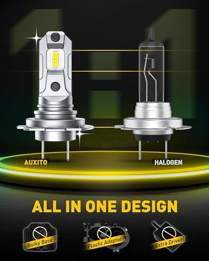 AUXITO H7 Bulbs, 600% Brighter 6500K White, 1:1 Mini Size No Adapter Needed, 3 Min Quick Install, No Flicker, 99% Compatibility, Pack of 2