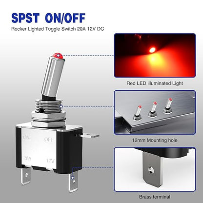 Nilight 3PCS Red LED Toggle Switches 12V 20A 3 Pin 2 Position ON Off SPST Heavy Duty Rocker Switch for Auto Car Marine RV Vehicles Truck Boat Dash