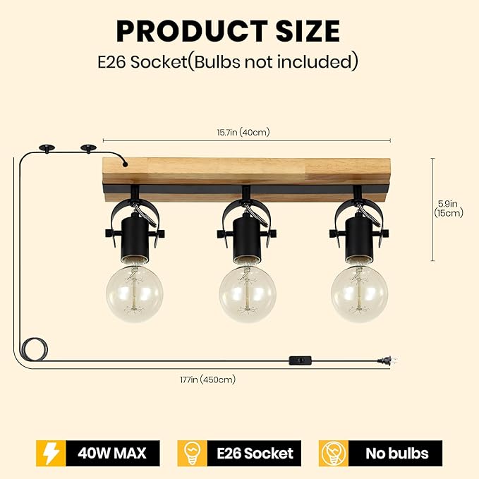 3 Light Plug in Track Light,Farmhouse Plug in Ceiling Light with 14.76-Foot Cord,Rotatable Ceiling Spotlight for Kitchen Dining Room Cabinet Hallway Living Room(No Bulb)