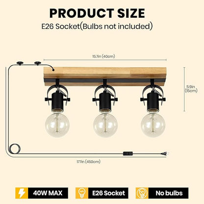 3 Light Plug in Track Light,Farmhouse Plug in Ceiling Light with 14.76-Foot Cord,Rotatable Ceiling Spotlight for Kitchen Dining Room Cabinet Hallway Living Room(No Bulb)