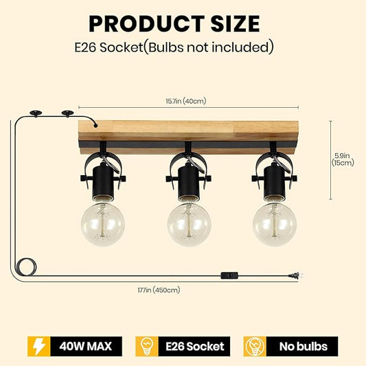 3 Light Plug in Track Light,Farmhouse Plug in Ceiling Light with 14.76-Foot Cord,Rotatable Ceiling Spotlight for Kitchen Dining Room Cabinet Hallway Living Room(No Bulb)