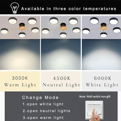 LED Ceiling Light Fixture,32 Inch 5-Lights Modern Ceiling Lights Flush Mount Wooden 40W Dimmable Chandelier for Living Room Bedroom Kitchen,3000K/4000K/6000K Temperatures Selectable Black