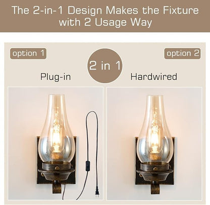 Yisuro Wall Sconces Sets of 2, Oil Rubbed Bronze Plug in Wall Sconce,Retro Rustic Wall Lamps,Sconces Wall Lighting with Amber Glass,Indoor Vintage Bedside Wall Lighting for Living Room Bathroom