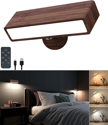 YiLaie Rechargeable Wall Lights for Bedroom,Battery Operated Wall Sconce with Remote Control, Wireless Wall Mount Lamp with 3 Color Temperature for Bedroom,Wood Wall Lights Dimmable,Bedside Reading