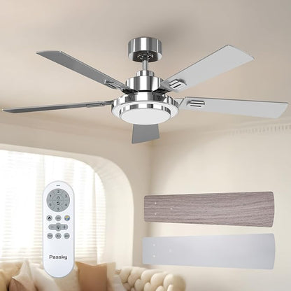 Passky Ceiling Fans with Lights, 52 inch Modern Ceiling Fan with Light and Remote Control, 3CCT, Dimmable, Reversible, Noiseless, Silver Ceiling Fan for Bedroom, Living Room