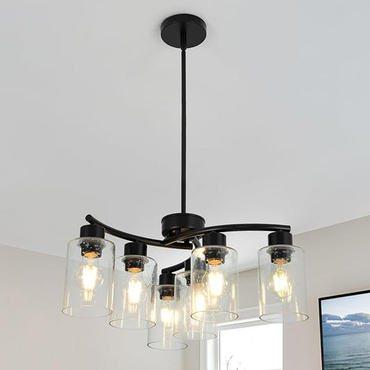 6-Light Modern Chandelier Black Chandeliers for Dining Room Seeded Glass Pendant Lights for Kitchen Island Living Room Foyer Bedroom E26 Base