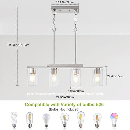 WILON Kitchen Island Lighting, 4 Lights Nickel Sand Linear Chandeliers Modern Farmhouse Chandelier with Glass Shades for Kitchen Island Living Dining Room Foyer Bedroom(Brushed Nickel,4 Lights)