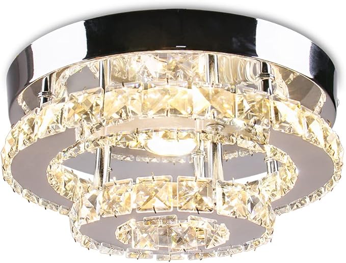 Mini Chandelier LED Crystal Ceiling Light 2 Layers Round Flush Mount Ceiling Light Modern Chandelier Lighting for Hallway Staircase Kitchen Bathroom (Multicolor)