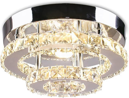 Mini Chandelier LED Crystal Ceiling Light 2 Layers Round Flush Mount Ceiling Light Modern Chandelier Lighting for Hallway Staircase Kitchen Bathroom (Multicolor)