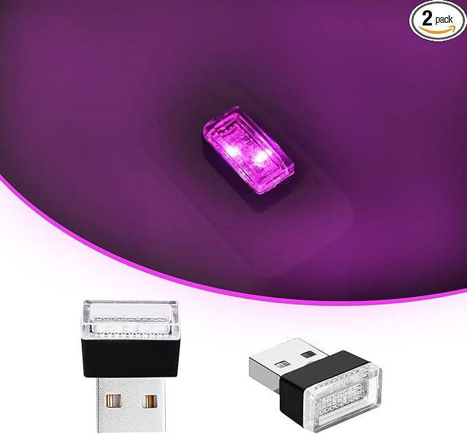 USB LED Car Interior Atmosphere Lights, 2 PCS, Night Light, Decoration Lamp USB Night Light for All Car Interiors (Pink Purple)