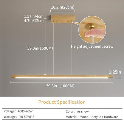 Modern Wooden Pendant Light, 39IN White Ash Wood Chandelier with Remote Control 3000k-6500K Adjustable Color Temperature，Aluminum Island Lighting Lamp for Dining Room, Living Room B