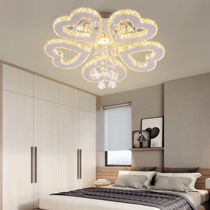 Heart 5 Rings Crystal Chandelier, Modern LED Flush Mount Ceiling Light with K9 Crystals Light Fixture for Bedroom, Living Room, Kitchen Warm White