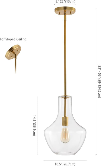 JONATHAN Y 10.5" Brass Gold/Clear Mid-Century Modern 1-Light LED Pendant Light Fixture, Adjustable Schoolhouse Hanging Lamp for Kitchen Island, Clear Glass Shade, LED Bulb Included (JYL6400C)