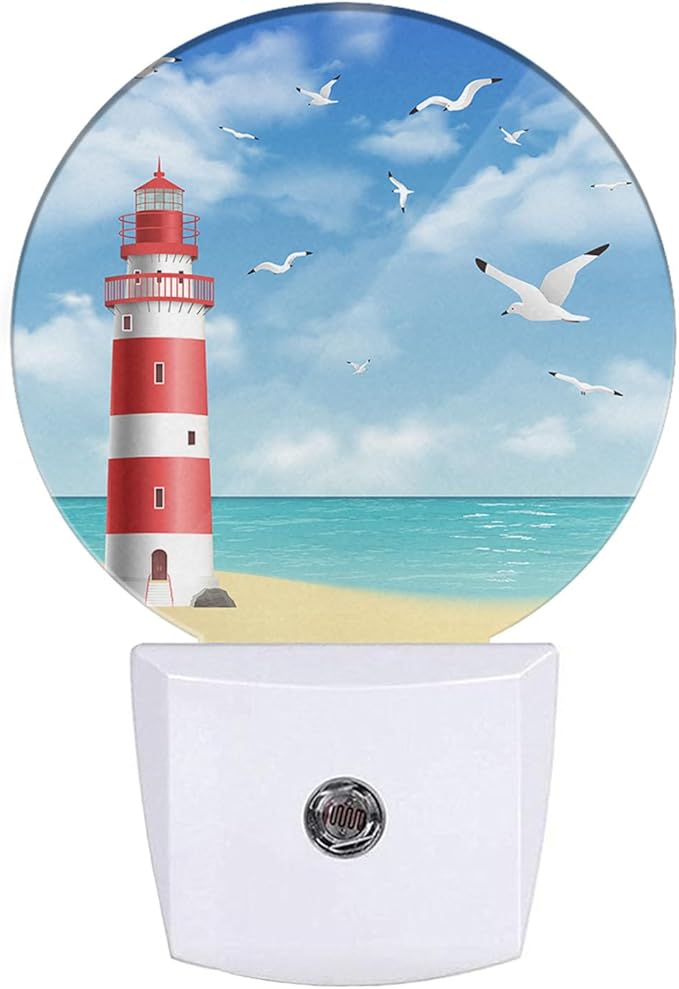 Lighthouse Seabirds Night Lights Plug into Wall Ocean Beach Seagull Blue Sunny Sky Clouds LED Dusk to Dawn Plug-in Nightlight Auto Sensor for Bedroom Bathroom Hallway Living Room