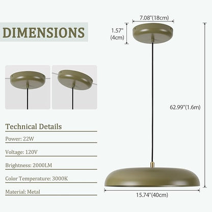 BISAMIYA 16" Modern Dimmable LED Pendant Light - Elegant Deep Green Metal Shade for Kitchen Island, Dining Room & Living Room - 3000K Warm White