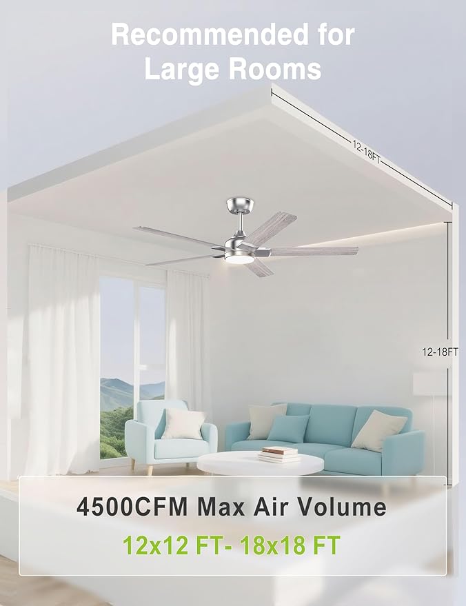 DAMINY 52 inch Nickel Ceiling Fans with Lights,5 Blades,6CCT, Low Profile,Remote Control,for Bedroom, Kitchen,Living Room,Indoor/Outdoor Use,Downrod