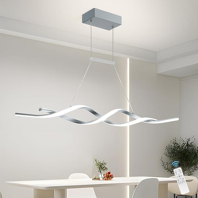 Jaycomey Gray Modern LED Pendant Light, Dimmable Wave Chandelier with Remote Control, Acrylic Hanging Lighting Fixture for Dining Room Kitchen Island, 3000-6000K 28W