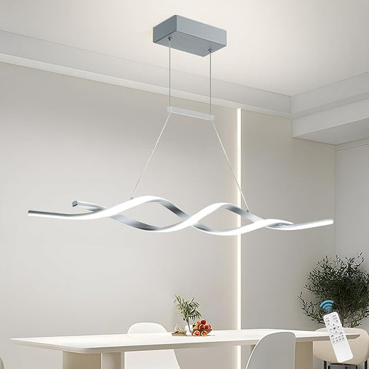 Jaycomey Gray Modern LED Pendant Light, Dimmable Wave Chandelier with Remote Control, Acrylic Hanging Lighting Fixture for Dining Room Kitchen Island, 3000-6000K 28W