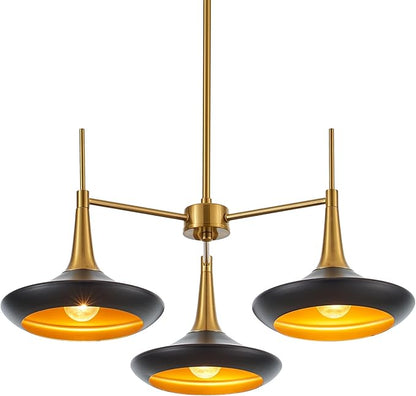 3-Lights Modern Chandelier,Black and Brass Chandelier for Dining Room Living Room,Mid-Century Pendant Light Fixtures,Industrial Hanging Light Fixture,E12