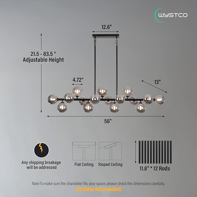 56 Inch Black Linear Chandeliers for Dining Room, Kitchen Island, Living Room, 16-Light Mid Century Modern Light Fixture Over Table, Large Smoke Grey Glass Globe Sputnik Bubble Chandelier