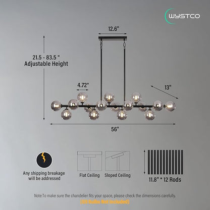 56 Inch Black Linear Chandeliers for Dining Room, Kitchen Island, Living Room, 16-Light Mid Century Modern Light Fixture Over Table, Large Smoke Grey Glass Globe Sputnik Bubble Chandelier
