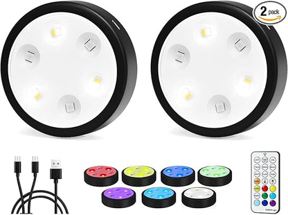 2-Pack Puck Lights with Remote, 1800mAh Rechargeable Under Cabinet Lighting, 3 Color Temps & 7 RGB Colors, Long-Lasting Dimmable Stick-On Lights for Cabinet, Kitchen, Shelf, Party
