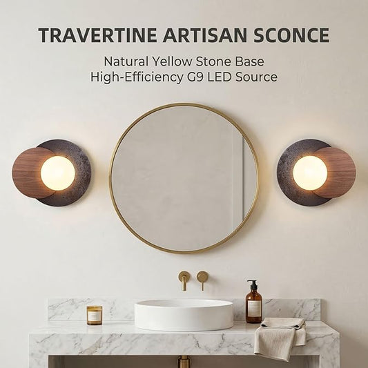 Natural Travertine Wall Sconce, Minimalist Walnut & Stone Wall Light with G9 LED Bulb, Modern Geometric Globe Wall Lamp for Bedroom Bedside, Hallway, Living Room, Warm Organic Decor