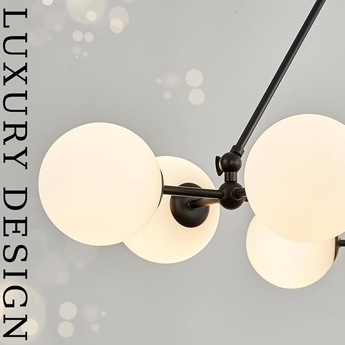 CATINER L40” Black Sputnik Chandeliers 9-Lights Mid Century Chandelier Modern Ceiling Pendant Light Fixtures with Milk Glass Globe Shades for Living Dining Room Foyer Entryway Kitchen Bedroom