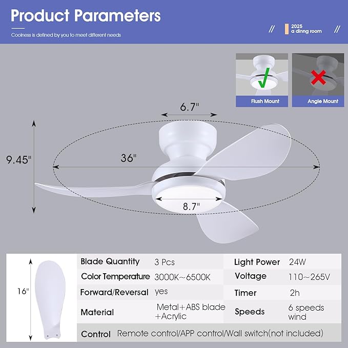 Kviflon 36 Inch Ceiling Fans with Lights, Small Flush Mount Ceiling Fan, Remote/APP Control, 3 Reversible Curved Blades, 6 Speeds, 3 CCT Dimmable Lights for Bedroom Kids Room, White