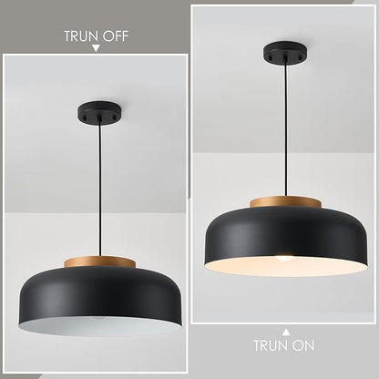 Modern Large Pendant Light Fixture, 17.7 inch,Natural Wood Cap, Matte Black Finish, Simple Pendant Lighting for Kitchen Island, Dining Room, Table
