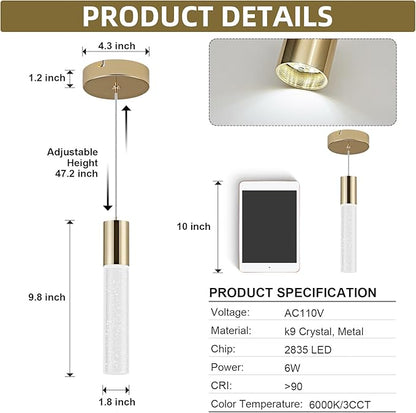 OKELI Modern Pendant Light,3 Color LED Bubble Crystal Island Light Fixtures,Gold Mini 3CCT Pendant Lighting for Kitchen Island,Bar,6W,3000-6000K,ETL