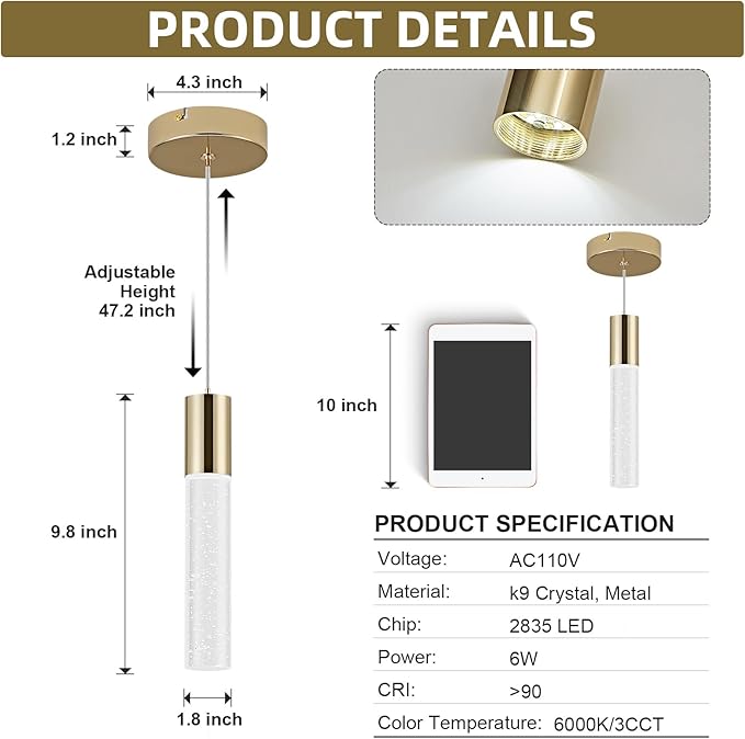 OKELI Modern Pendant Lights,LED Bubble Crystal Kitchen Island Light Fixtures,Mini Single Pendant Lighting for Kitchen Island,Bar,6W,6000K,Gold,3Pack