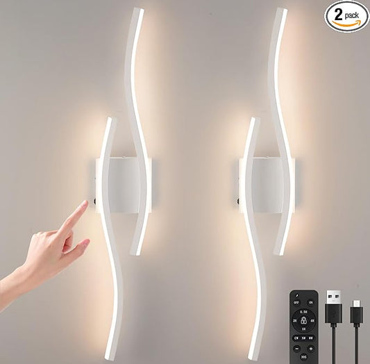 Modern LED Wall Sconce Set of Two, Dimmable Battery Powered Wall Sconces, 3000K-6500K LED Wireless Wall Light with Remote, Wall Lamp Indoor not Hardwired for Room Bedroom Corridor（White）
