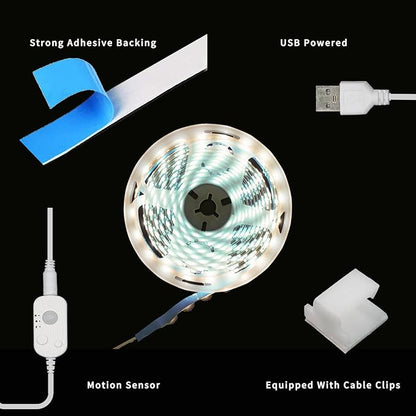 Motion Sensor LED Light Strip, Strip Light USB Powered 16.4ft, Day Night Modes & Dimming Brightness, Adhesive Tape 5V Free Cutting Rope Lights for Indoor Outdoor Decor
