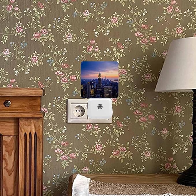 New York City LED Night Lights Plug into Wall Skyscrapers at Sunset 0.5W Plug in Night Light, Dusk to Dawn, Bright Nightlight Auto On/Off, for Room Bedroom Bathroom
