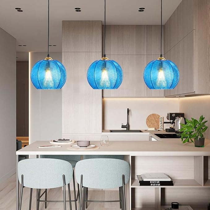 Plug in Glass Pendant Light Mid-Century Modern Striped Glass Hanging Ceiling Lighting Fixture with 14.7FT Cord, Globe Decor Chandelier for Living Room, Bedroom, Dining Hall, Kitchen (Blue)