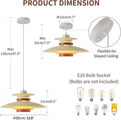 EFINEHOME Modern Decor Adjustable Pendant Lamp Kitchen Island, Aluminum and Wood Finish,1-Light E26 Base Ceiling Hanging Light for Dining Room Shop Restaurant (Beige+Dark Wood Grain, 35cm)