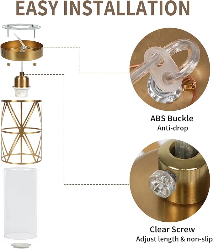 Brushed Gold Pendant Light, 5.4"×7.9" Dual-Shade Kitchen Island Lighting with Clear Glass Shade, E26 Adjustable Height 1"-61", UL Listed, for Dining Room Foyer Entryway — Bulbs Not Included