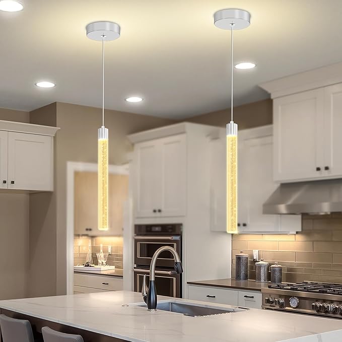 Modern Mini Crystal Pendant Light for Kitchen Island Dimmable LED Adjustable Crystal Column Chandelier Lighting Hanging Pendant Lighting 1 Light Silver