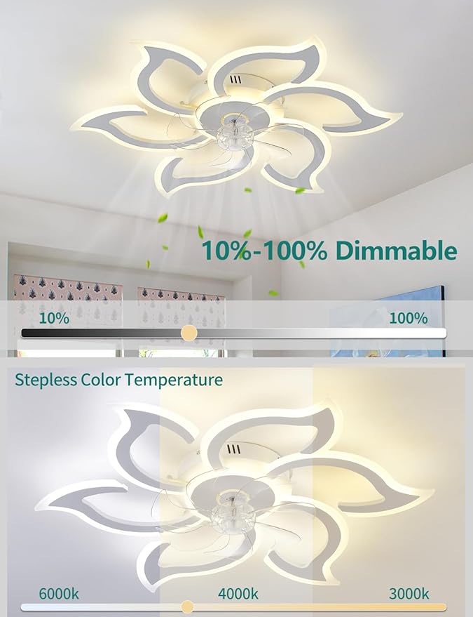 Flower Ceiling Fans with Lights and Remote, 33.5 Inch Modern Low Profile Flush Mount Ceiling Fan, Dimmable LED Ceiling Light Fixture, Small Ceiling Fans for Bedroom, Kitchen, Indoor-White