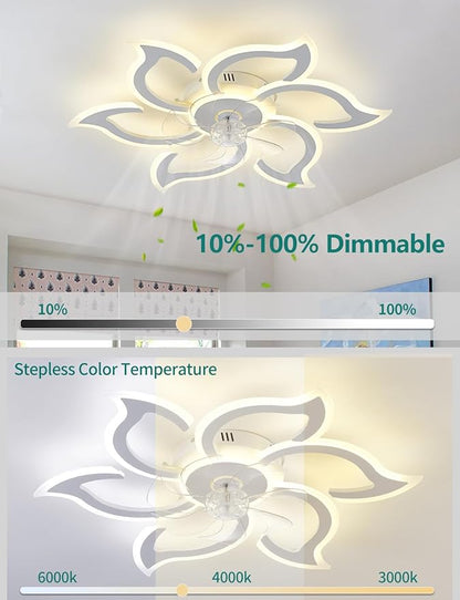 Flower Ceiling Fans with Lights and Remote, 33.5 Inch Modern Low Profile Flush Mount Ceiling Fan, Dimmable LED Ceiling Light Fixture, Small Ceiling Fans for Bedroom, Kitchen, Indoor-White