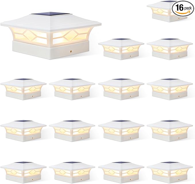 JOFIOS Solar Fence Post Lights, Cap Lights for 4x4/5x5 Vinyl Fence and 4x4/6x6 Wooden Post, Warm White/Cool White Lighting, White Solar Cap Outdoor Waterproof Decorate Garden Pathway Deck Patio