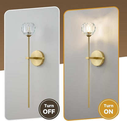 Gold Crystal Wall Sconces with G9 Bulbs, Mid Century Modern Diamond Decor Light Brass Vintage Long Lighting Fixture Hardwired for Elegant Vanity Living Room Bedroom Bathroom Hallway