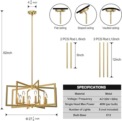 Modern Gold Chandelier, 8-Light Geometric Dining Room Light Fixture, Industrial Pendant Lights Kitchen Island, Hanging Metal Farmhouse Chandeliers for Dining Room Entryway Foyer Bedroom Kitchen ﻿