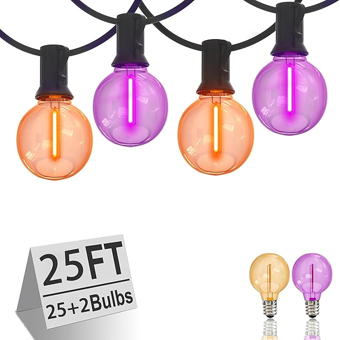 Purple and Orange Christmas Lights, 25FT 27 Count Christmas G40 LED String Lights, Indoor Decoration Lights for Outdoor Patio Home Party Garden Yard-Black Wire