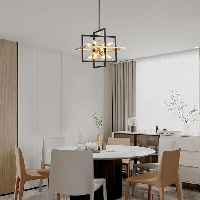 XINGQI Modern Geometric Pendant Lighting 8-Light Black and Gold Farmhouse Chandelier Ceiling Light Fixtures for Dining Room Living Room Kitchen Island Bedroom Hallway