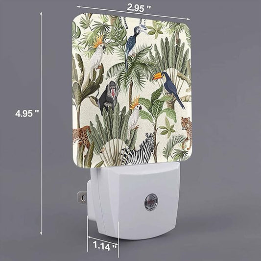 LED Night Light,Tropic Exotic Trees And Animals LED Night Light Plug into Wall with Dusk to Dawn Light Sensor White Energy Efficient Nightlight for Bedroom Bathroom Hallway Living Room Kitchen