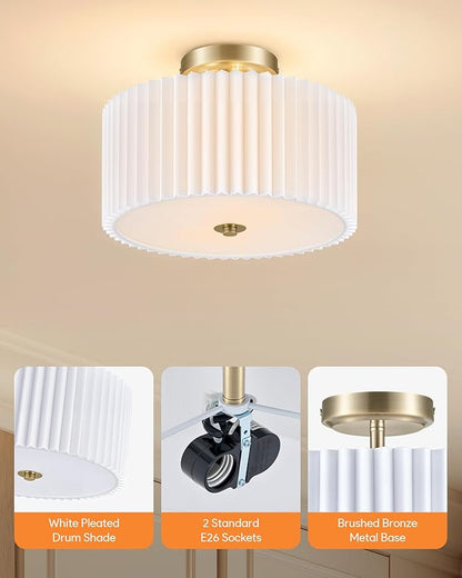 VONLUCE 12.2" Semi Flush Mount Ceiling Light, 2-Light Modern Ceiling Lights with Pleated White Shade, E26 Bulb Compatible, Ideal Light for Bedroom, Living Room, Nursery, Hallway, Bronze Finish