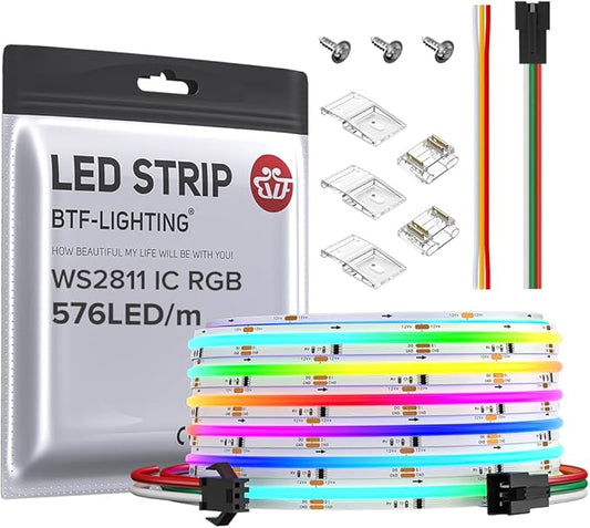 BTF-LIGHTING FCOB WS2811 IC RGB COB LED Strip DC12V 576LED/m 16.4FT Flexible High Density Color Chasing Uniform Light 16IC/m 10mm Width for Indoor Lighting Project(No Adapter or Controller)